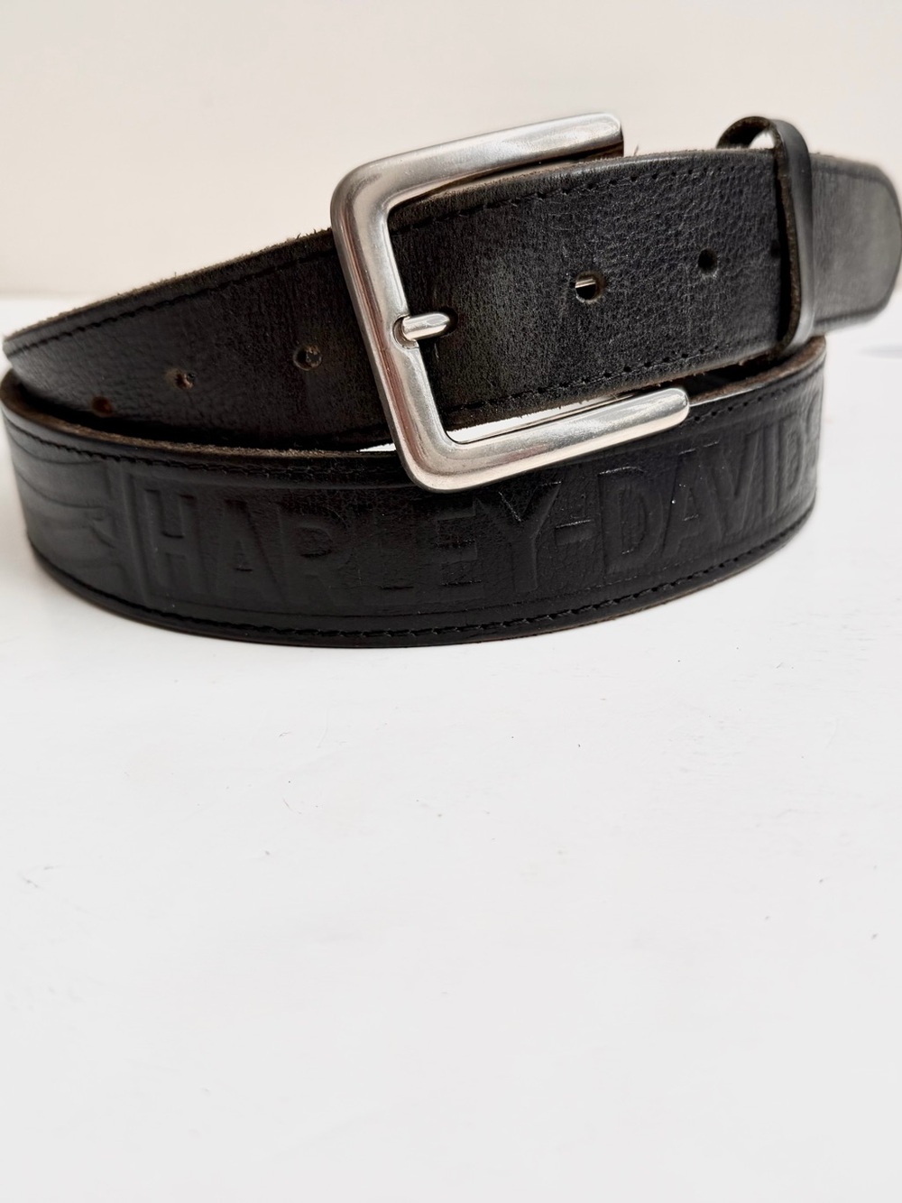 Harley Davidson Tooled Black Leather Embossed Logo Interior Zip Pocket Belt 44